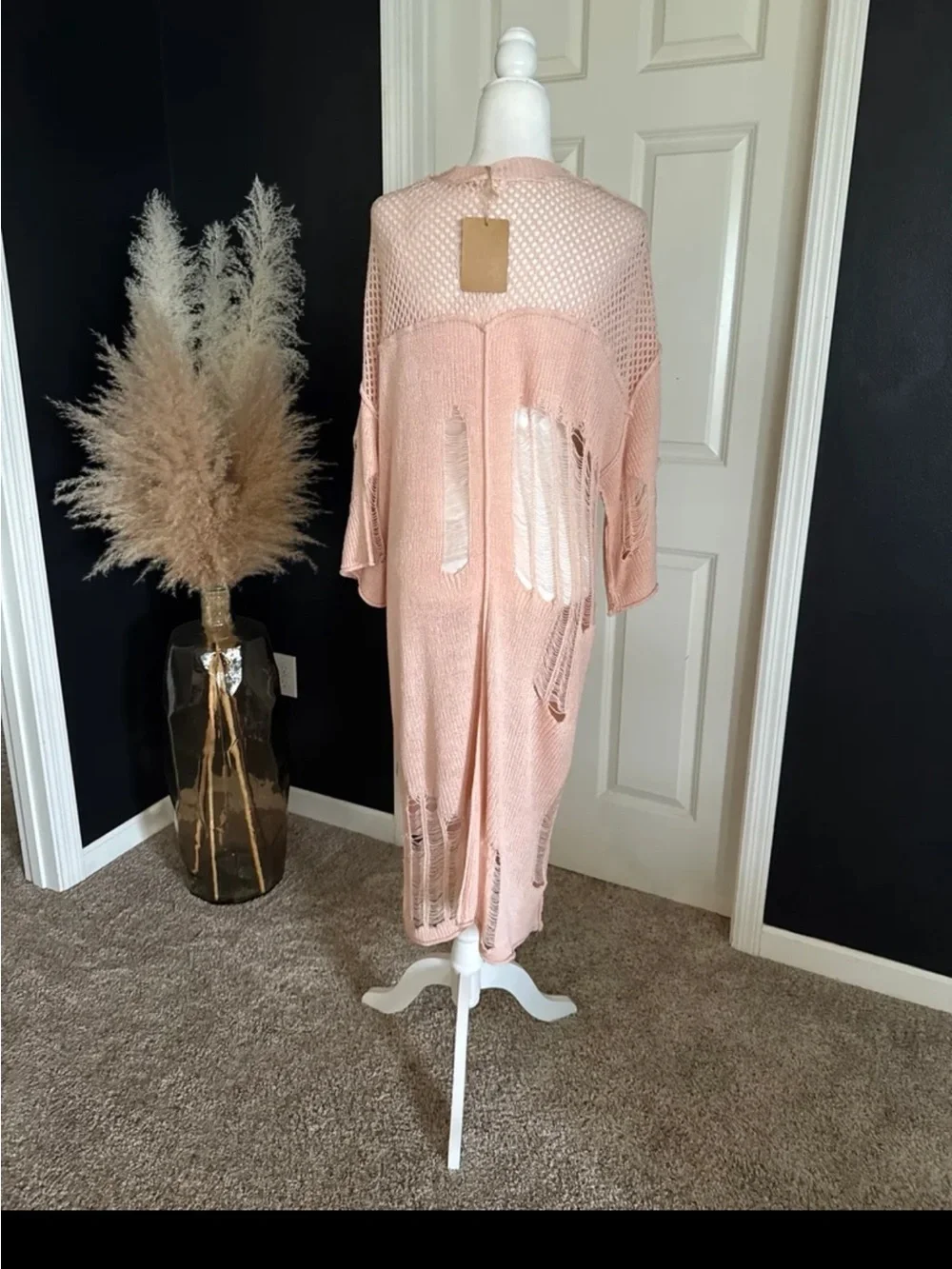 NWT POL oversized Open front Distressed Peachy Pink Duster Cardigan size Small